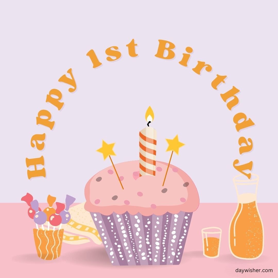 A cupcake with a candle and a drink for a happy 1st birthday.