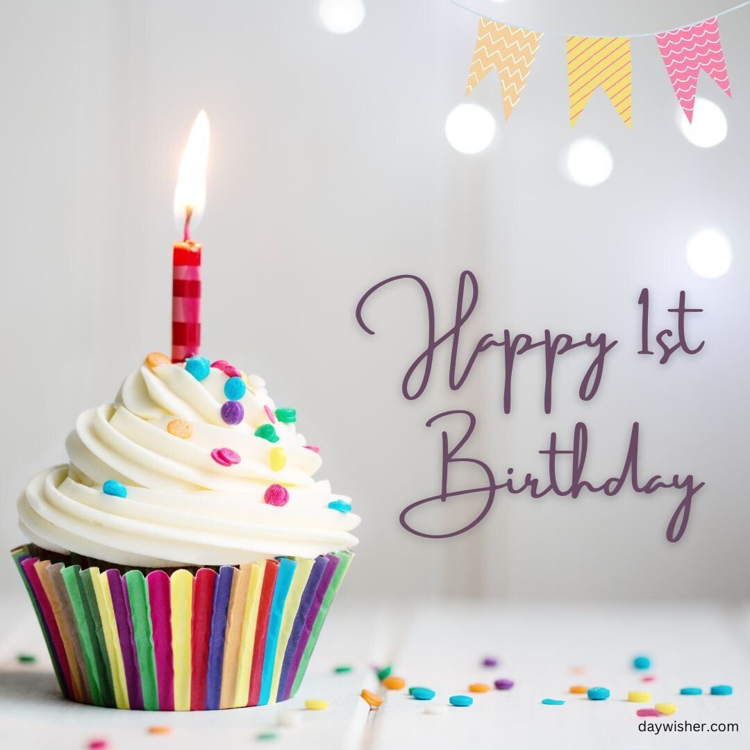 A colorful cupcake with white frosting and multicolored sprinkles, topped with a lit candle, adjacent to happy 1st birthday images and festive background decorations.