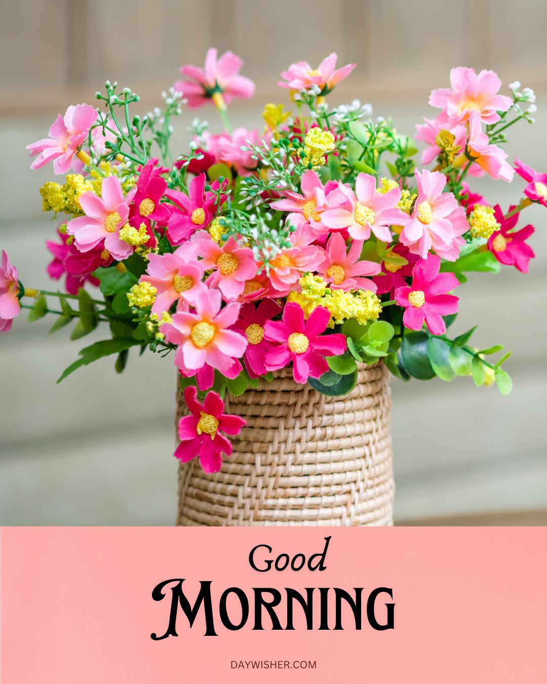 A vibrant bouquet of artificial pink and fuchsia flowers displayed in a rustic woven basket, perfect for a cheerful good morning greeting. The arrangement includes a mix of flowers and greenery, providing a burst of color that enhances the morning's brightness. This image is set against a soft, neutral background, highlighting the vivid colors and delicate textures of the blooms. Ideal for sharing as a good morning flowers image, it brings a lively and joyful start to the day, filled with optimism and beauty.