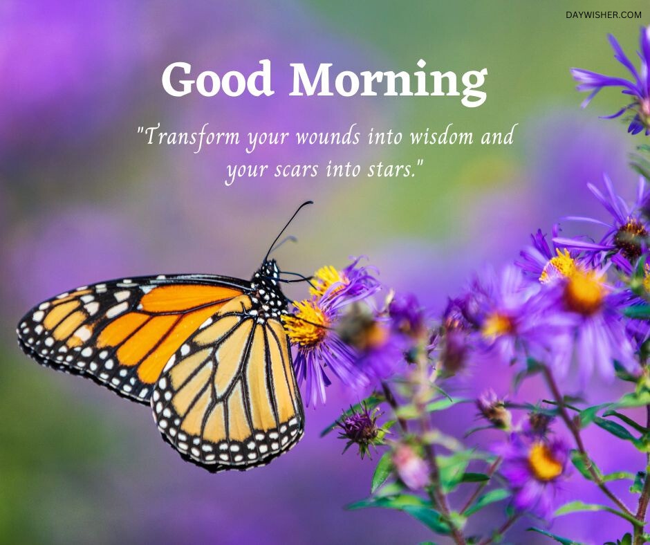 A monarch butterfly perched on vibrant purple flowers, with the text "good morning flowers" and an inspirational quote about transforming wounds into wisdom.