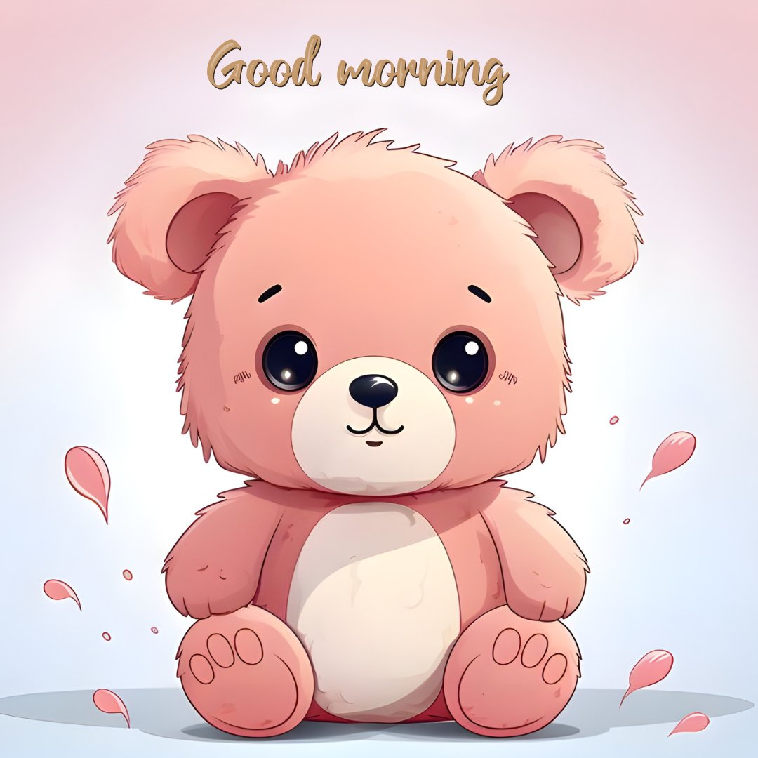 A cute pink teddy bear with big round eyes, sitting with a sweet expression. The image features the text "Good morning" in golden script above the teddy bear, creating a warm and charming greeting. The background is light with soft hues, and there are small pink petals scattered around, adding to the adorable and inviting scene.