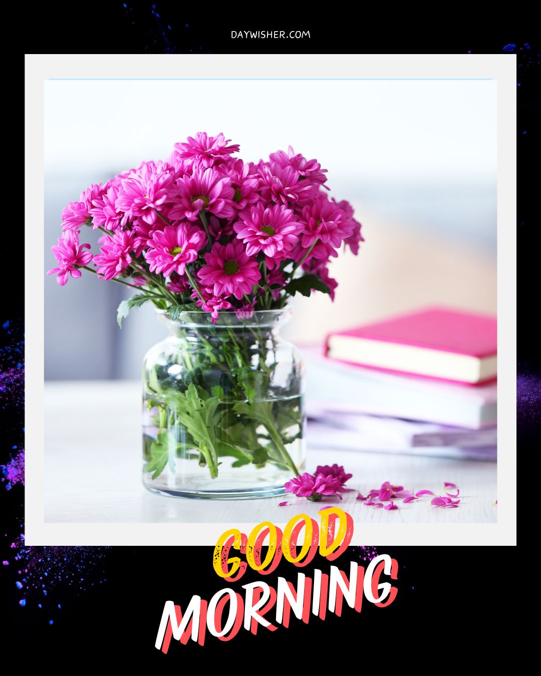 A vibrant display of pink daisies arranged in a clear glass vase on a modern home setting, ideal for a good morning greeting. The bouquet, placed on a white table next to a pink book, adds a touch of elegance and freshness to the scene. The flowers are brightly lit, highlighting their vivid pink petals and the lush greenery of their leaves. This good morning flowers image perfectly blends natural beauty with a cozy, indoor aesthetic, providing a peaceful and inspiring start to the day.