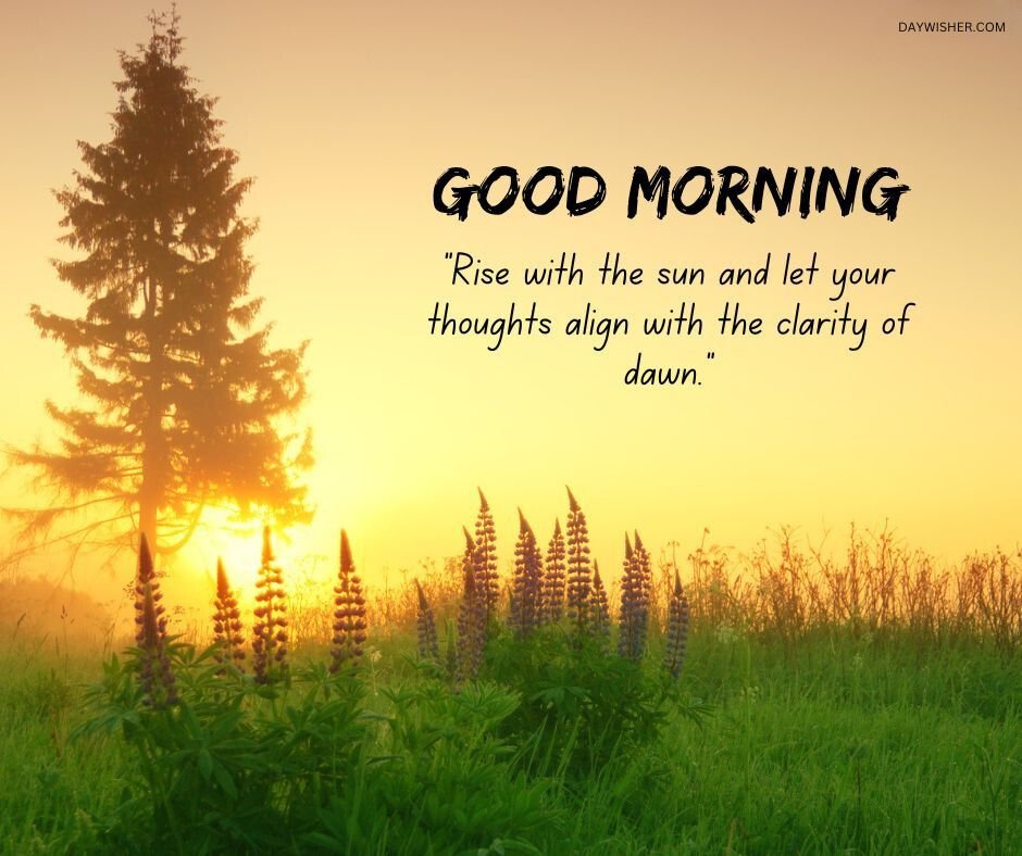 An inspirational image featuring a sunrise over a lush meadow with tall trees and wildflowers, accompanied by the quote "Good morning. Rise with the sun and let your thoughts align with the positivity of dawn