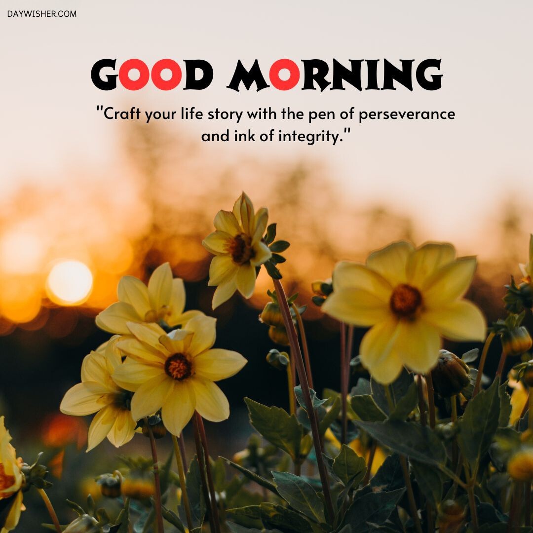 Good morning greeting card with a quote, featuring blooming yellow flowers in the foreground against a warm, sunlit bokeh background. The text reads: "Craft your life story with the pen of perseverance