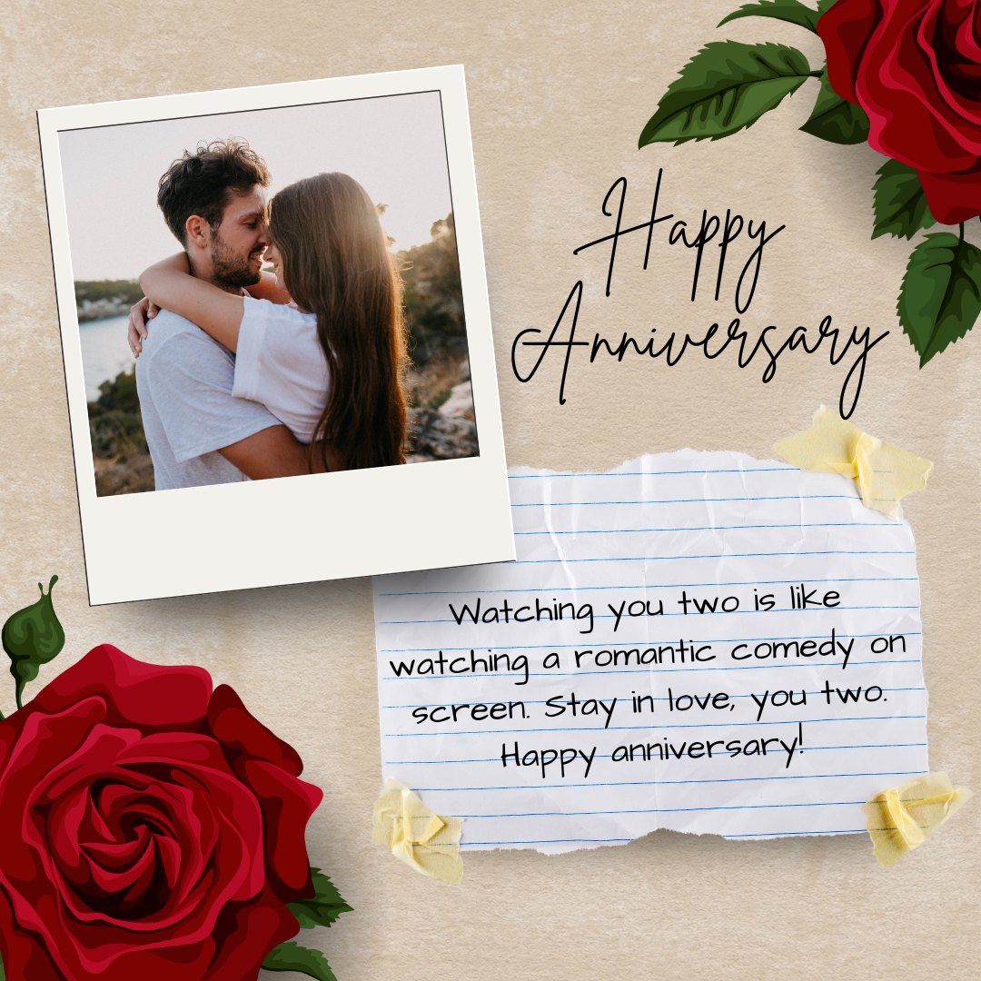 Anniversary Wishes for Siblings card featuring a couple embracing by the seaside on a polaroid photo, flanked by red roses and a romantic note expressing joy and love.