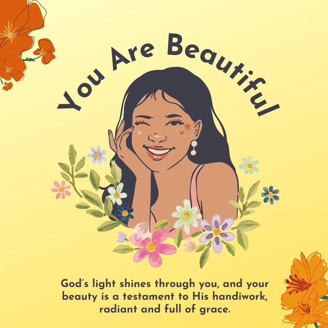 Joyful woman with a radiant smile surrounded by vibrant flowers on a yellow background, with the phrase "You Are Beautiful" and a religious message celebrating her beauty as God's creation, perfect for Best Religious You Are Beautiful Messages for Her.