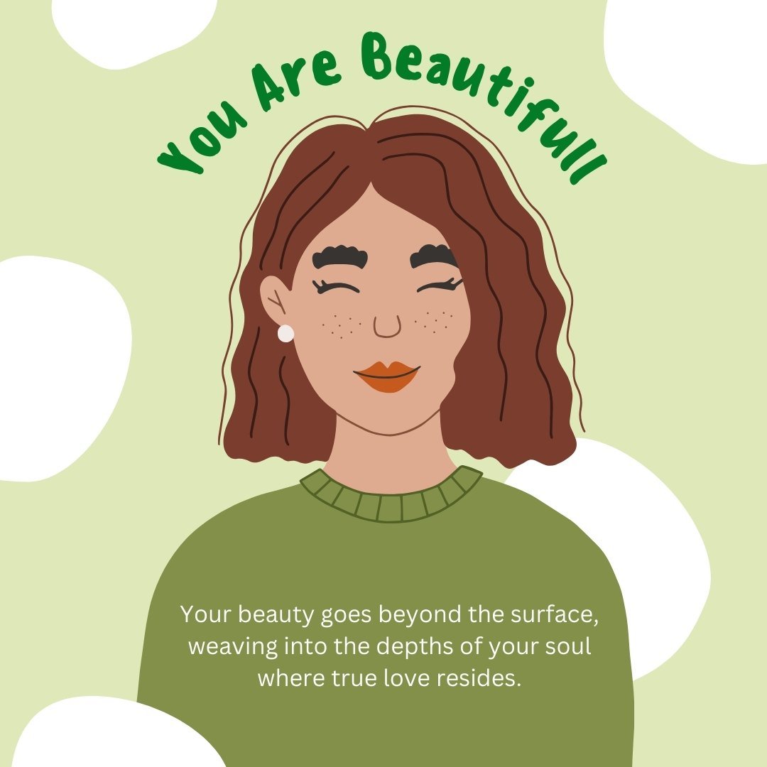 Illustration of a smiling woman with brown hair in a green sweater, on a green background with white circles, featuring the phrase "You Are Beautiful" and a romantic message about inner beauty, perfect for Best Romantic You Are Beautiful Messages for Your Girlfriend