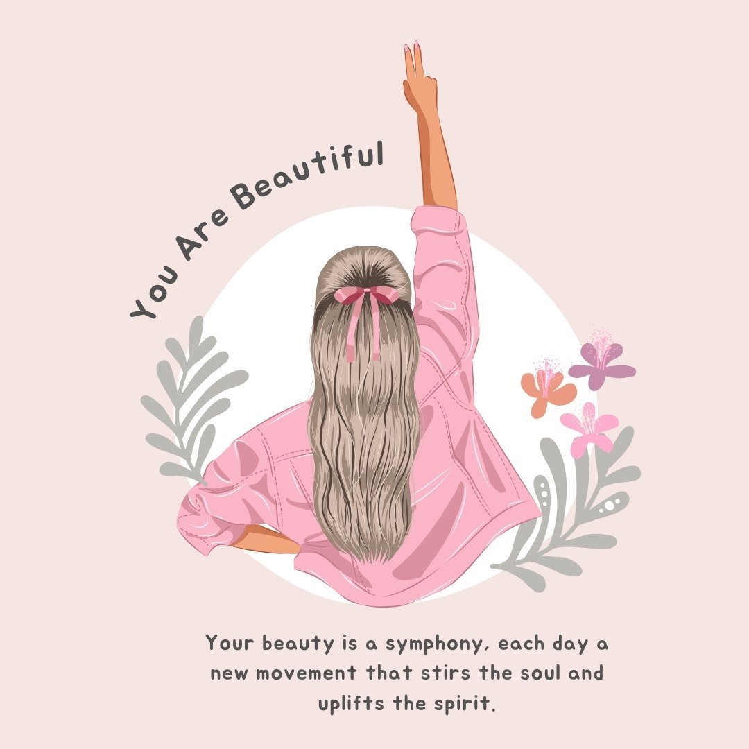 Back view of a woman with long blonde hair, wearing a pink sweater, sitting amidst gentle floral illustrations, with text "You Are Beautiful" and an inspirational quote about beauty, ideal for Best Touching You Are Beautiful Messages.