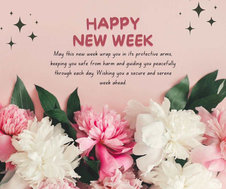 Best Wishes for Safety and Protection for the Week Ahead with a heartfelt message amidst a bouquet of pink and white peonies on a soft pink background, symbolizing care and tranquility.