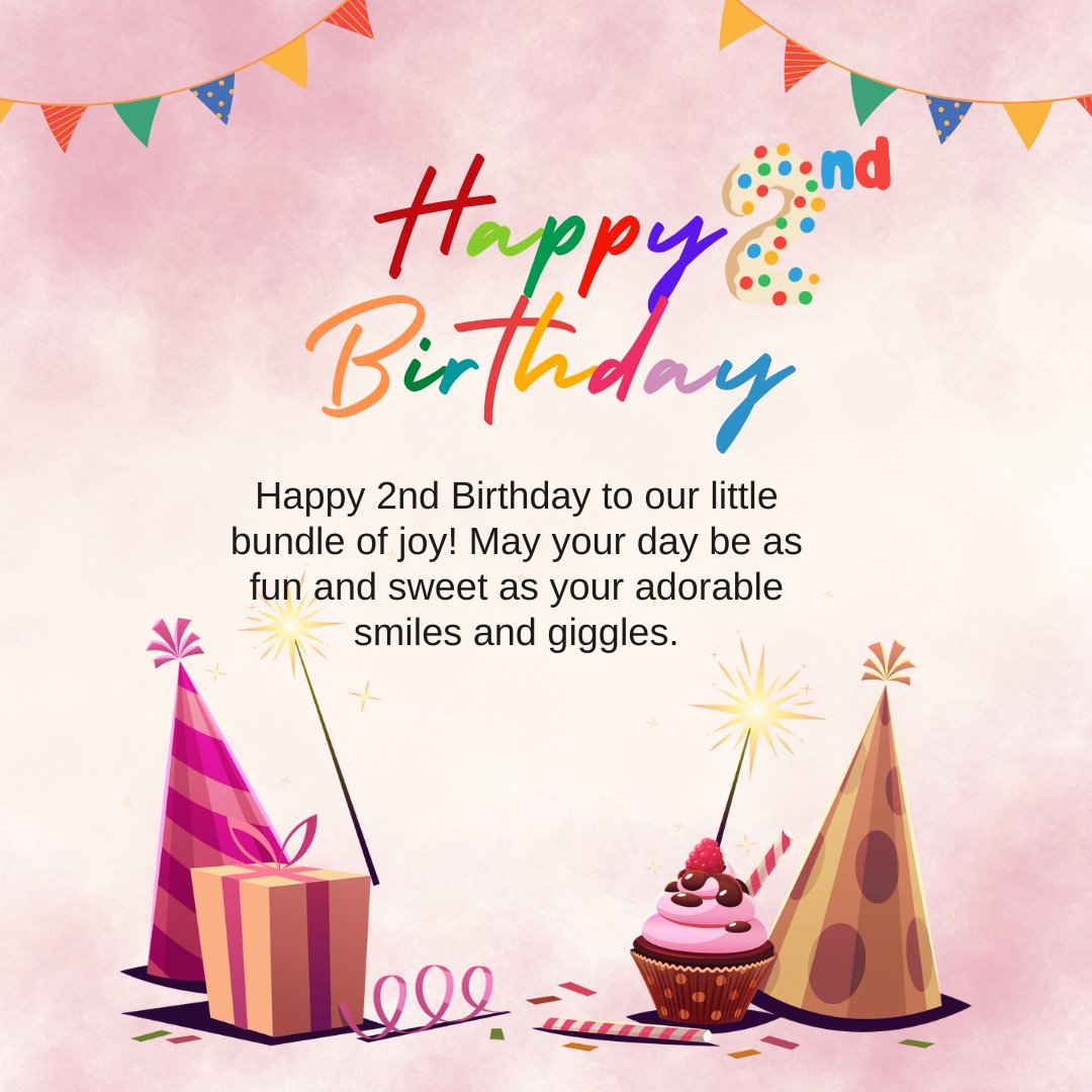 Birthday wishes for a baby boy’s second birthday, featuring a colorful and joyful design with party hats, cupcakes, and gifts. The image includes a sweet message wishing the little boy a fun and delightful celebration filled with smiles and giggles.