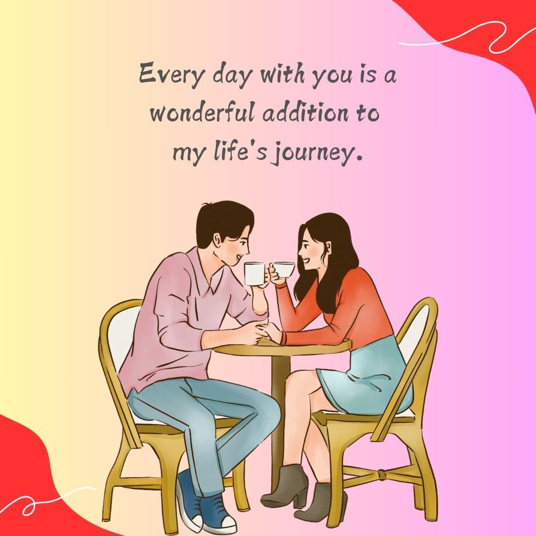 Couple sharing a moment over coffee with a caring love message, 'Every day with you is a wonderful addition to my life's journey,' illustrating the warmth and connection between them.