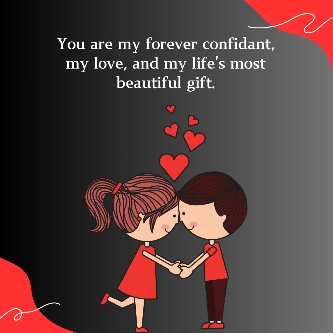 Cartoon couple holding hands with a caring love message for her, 'You are my forever confidant, my love, and my life's most beautiful gift,' set against a dark background with floating hearts.
