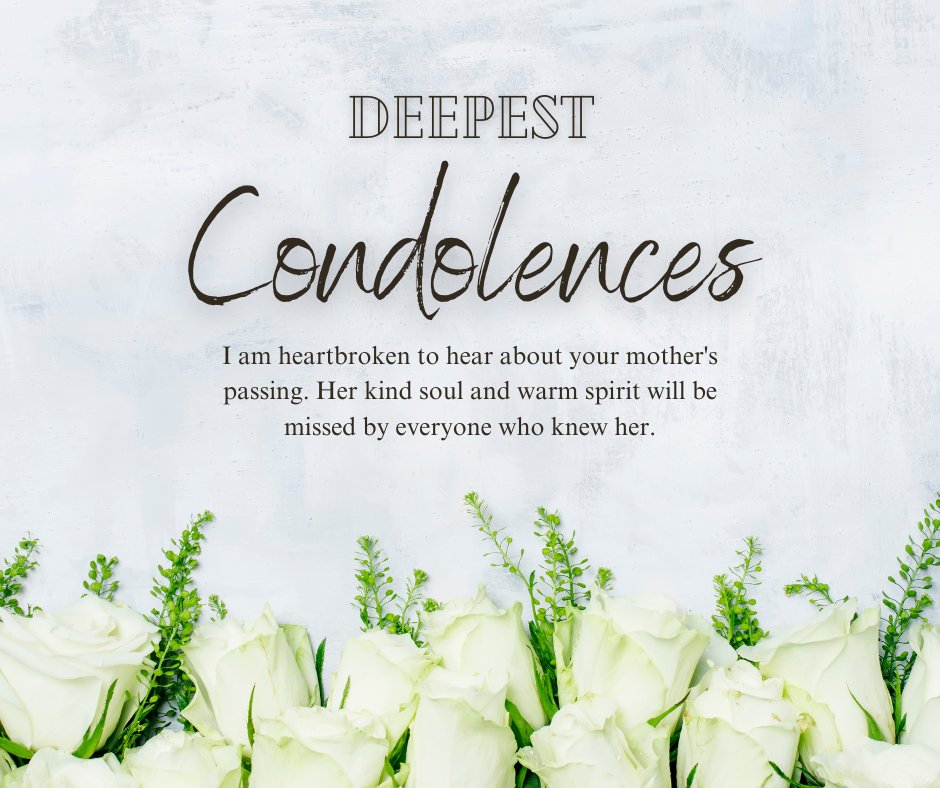 Deepest Condolences card with a heartfelt message surrounded by white roses, expressing condolence messages for a coworker's mother on a textured grey background.