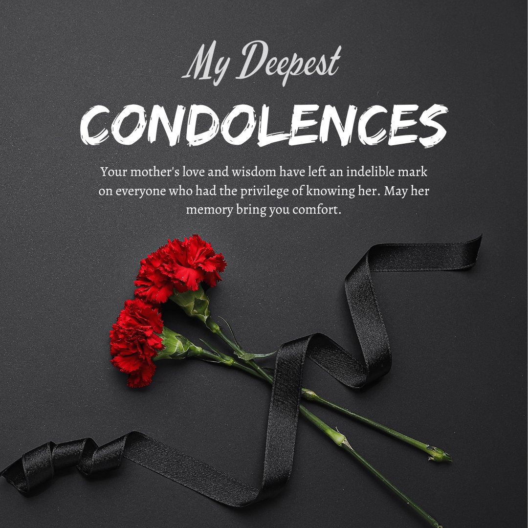 My Deepest Condolences card with a heartfelt message and red carnations tied with a black ribbon on a dark grey background, expressing thoughtful condolences for a mother's passing