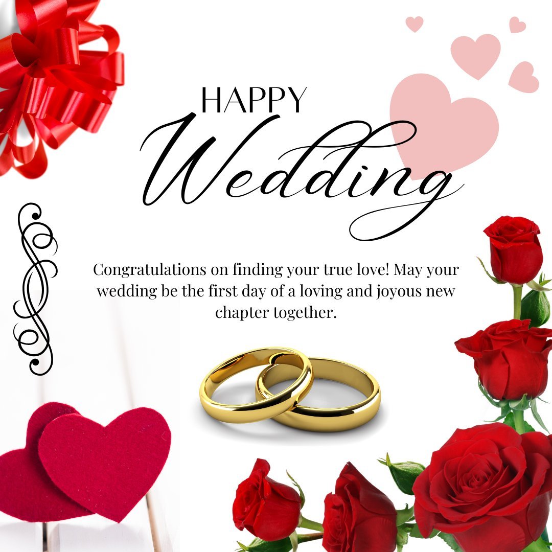 Congratulatory Happy Wedding Messages for Friend featuring red roses, golden wedding rings, and a red ribbon on a white background with hearts and a wedding greeting.