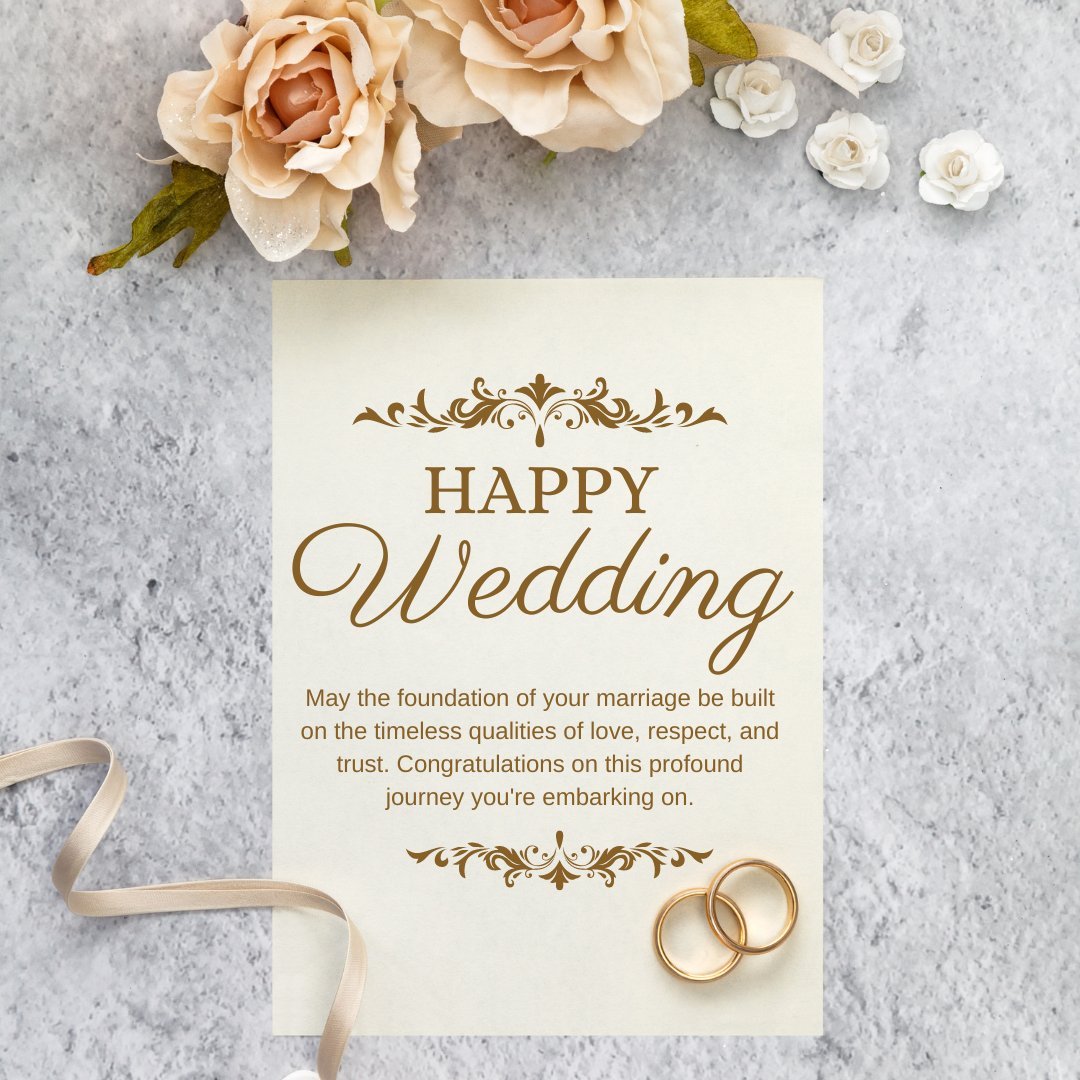 Deep Wedding Messages for a Friend displayed on a card with elegant gold script and ornate designs, alongside gold wedding rings and pale peach roses on a textured gray background.