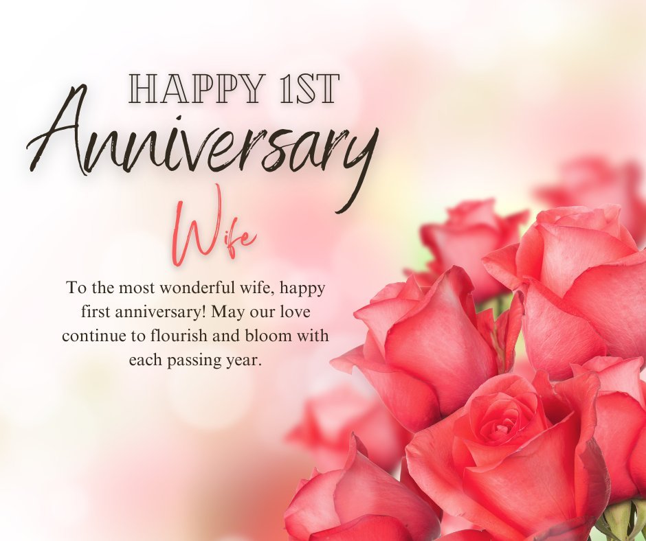 Happy 1st Anniversary Wife greeting card featuring romantic first anniversary wishes on a soft background with vibrant red roses, expressing heartfelt love and admiration.