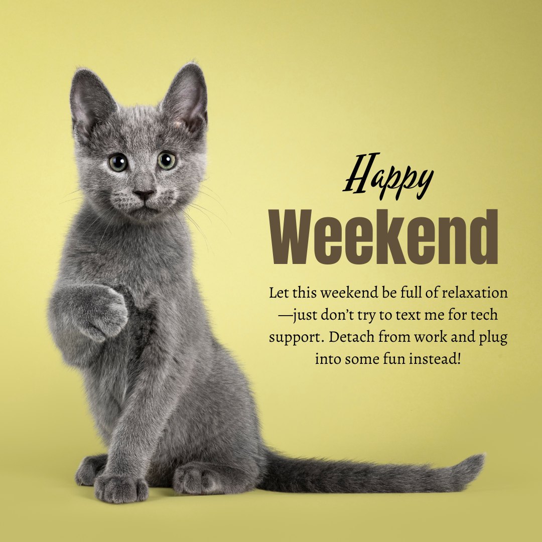 Funny Happy Weekend wishes for your parents featuring a playful grey kitten raising its paw, on a soft yellow background, perfect for a lighthearted weekend greeting.