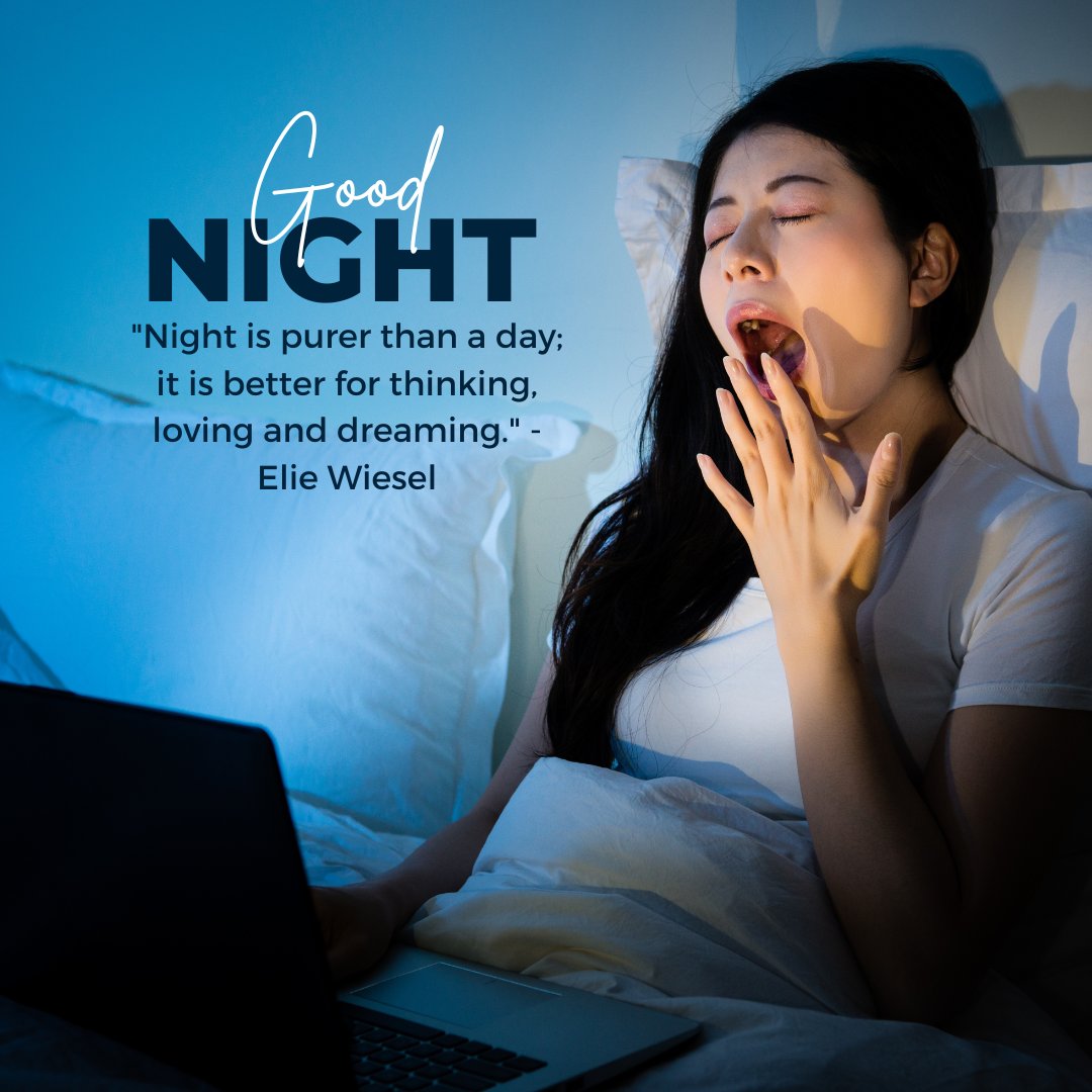 Good Night Quotes for Love featuring a woman yawning in bed while using her laptop, with a quote by Elie Wiesel about the purity of night.