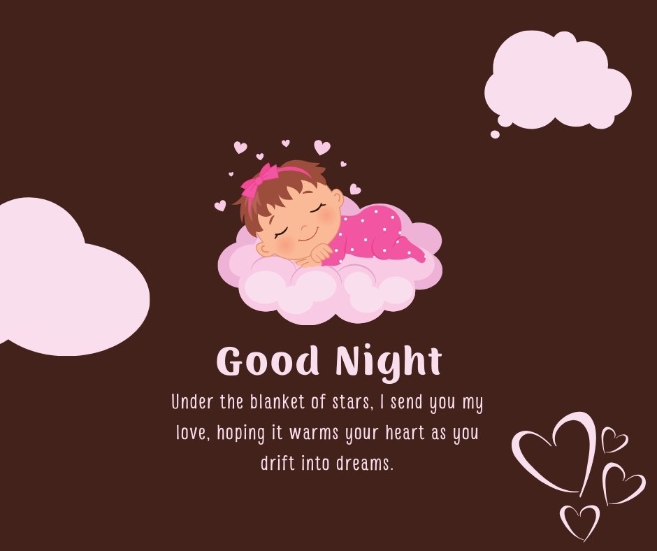 Good Night Wish for Love featuring a cartoon of a sleeping child on clouds with a heart-filled quote about dreams.