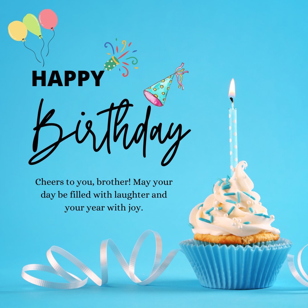 Happy Birthday Wishes for Brother with a festive cupcake topped with a single lit candle, party hats, balloons, and confetti on a cheerful blue background.