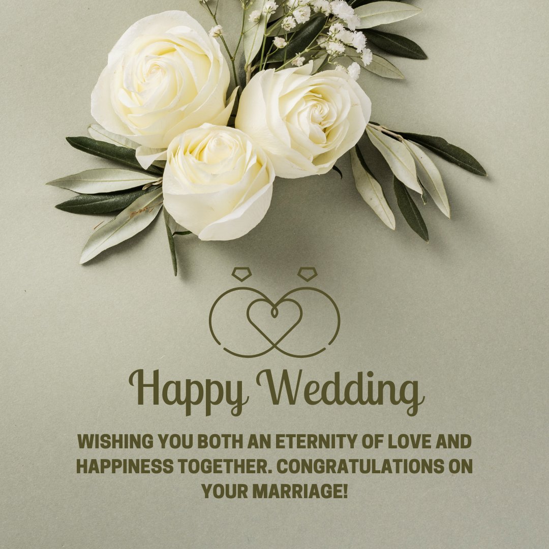 Happy Married Life Wishes for Close Friends featuring elegant white roses with green leaves and baby's breath on a soft grey background, with intertwined hearts symbol and a congratulatory wedding message.
