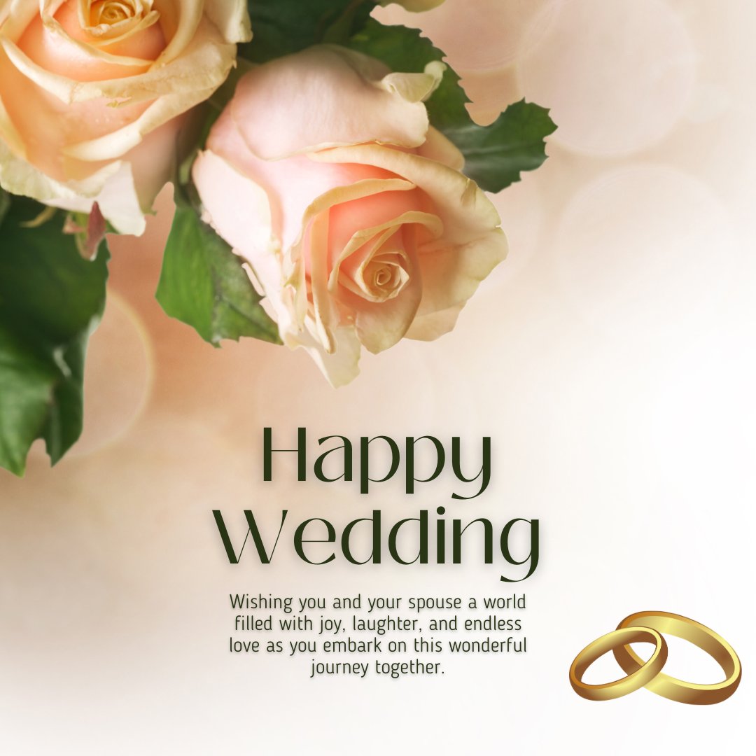 Elegant wedding greeting card with soft pink roses and golden wedding rings, accompanied by a heartfelt message wishing a happy married life for a sister, set against a gentle cream background.