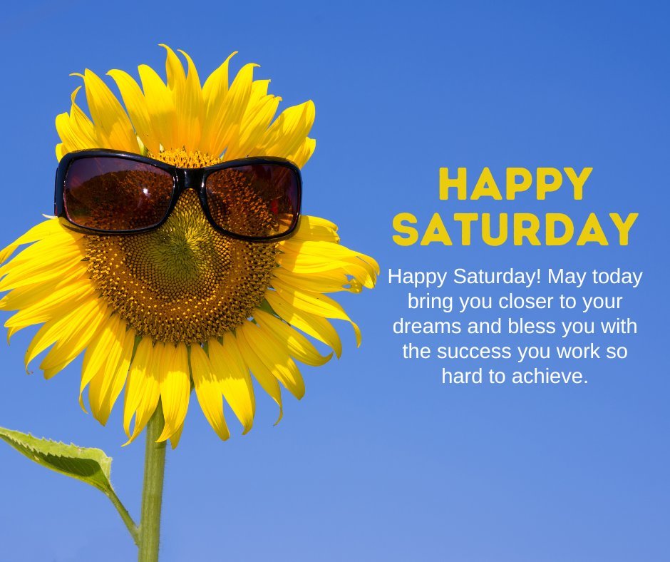 Happy Saturday Wishes of Success featuring a vibrant sunflower wearing sunglasses against a clear blue sky, symbolizing optimism and the pursuit of goals.
