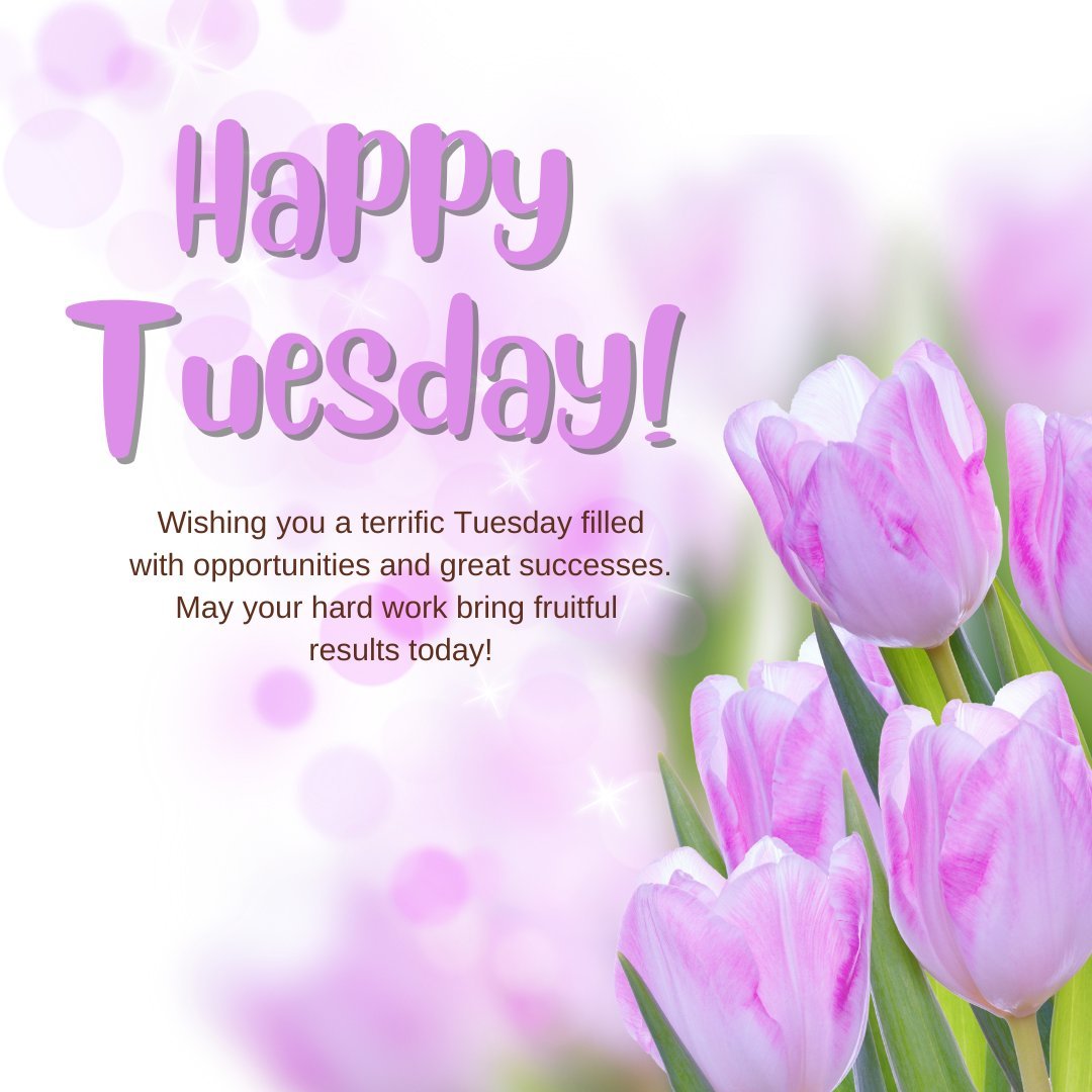 Vibrant Happy Tuesday greeting featuring pink tulips with a backdrop of soft purple bokeh, accompanied by a message wishing a colleague a day filled with opportunities and great successes.