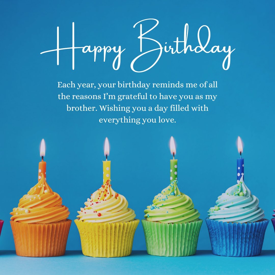 Heart Touching Birthday Wishes for Brother featuring colorful cupcakes with lit candles on a blue background, conveying a message of gratitude and love.