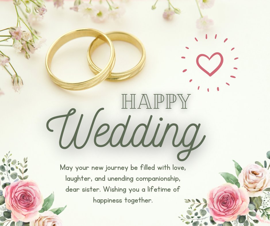 Elegant wedding greeting card with the text 'Happy Wedding' above two golden rings, surrounded by soft pink roses and green foliage, expressing heartfelt wedding wishes to a sister.