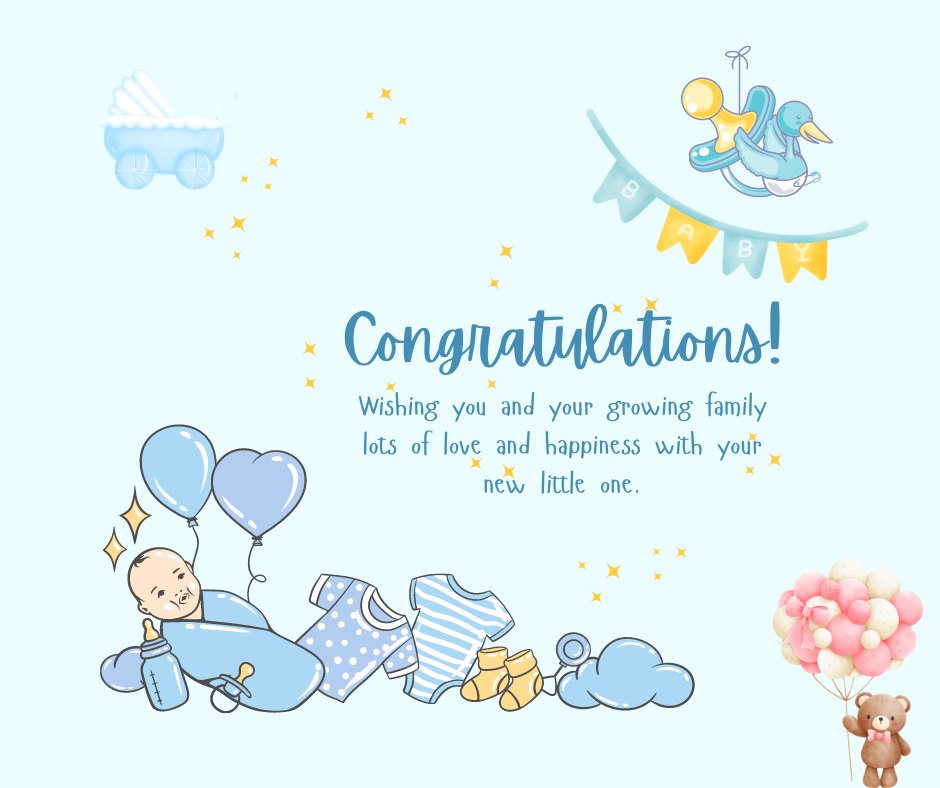 Delightful baby congratulations card featuring a whimsical scene with a baby boy floating with blue heart balloons, baby items like shoes and bottles, and a toy stork carrying a banner. The message 'Congratulations! Wishing you and your growing family lots of love and happiness with your new little one.' encapsulates heartwarming messages to congratulate your colleague for a baby girl.