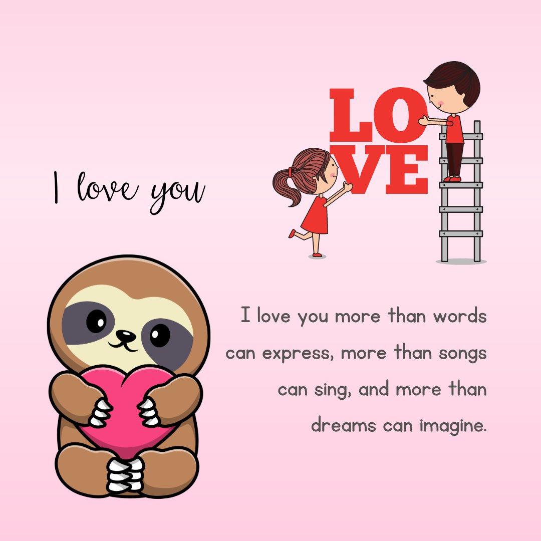 I Love You Message illustrated with a creative scene showing a boy and a girl arranging 'LOVE' letters, alongside a cute sloth holding a heart, on a pink background.