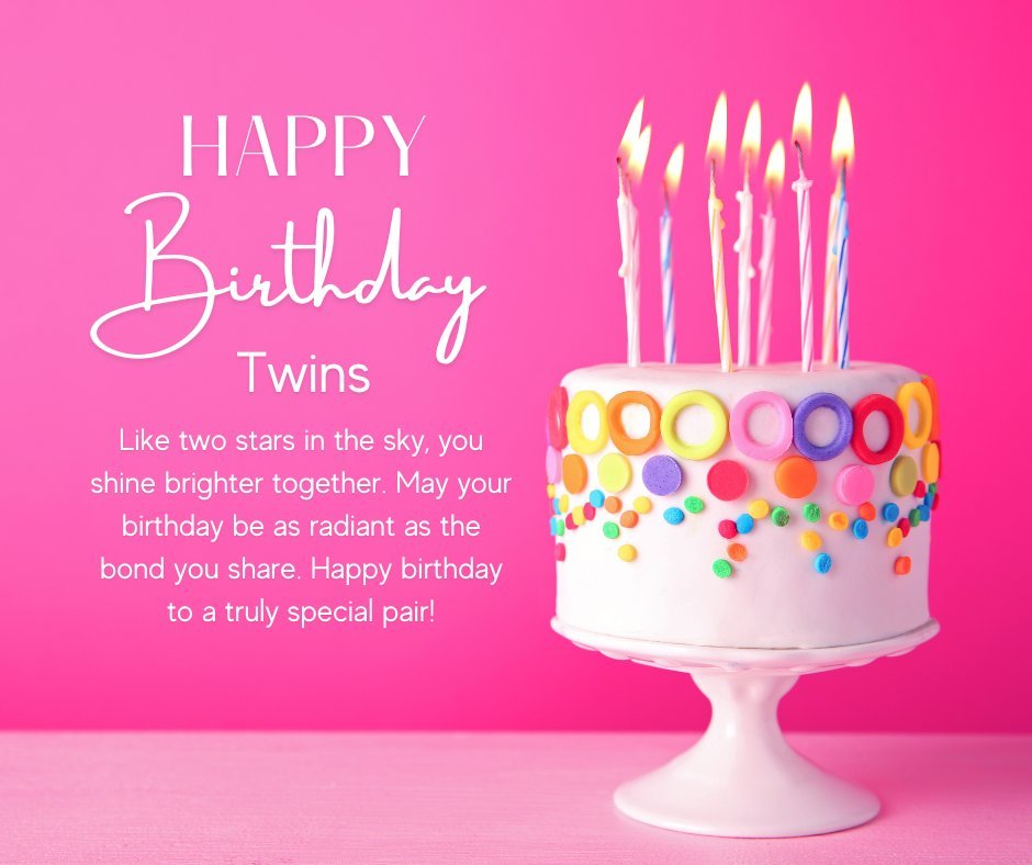 Inspirational birthday cake for twins on a pink background, featuring a vibrant white cake adorned with multicolored polka dots and rings, lit candles, and a heartfelt message wishing the twins a bright and bonded future.