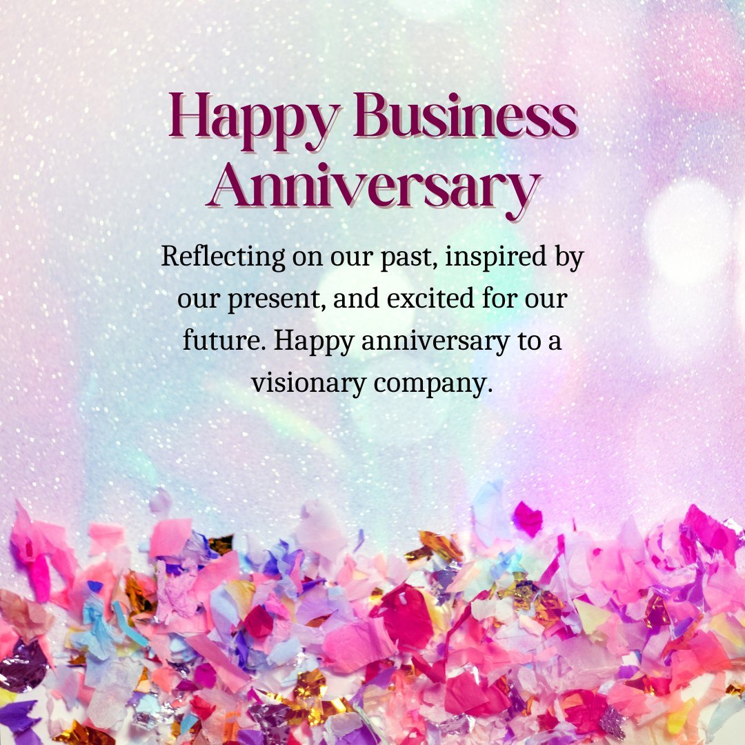 Happy Business Anniversary message with colorful confetti on a sparkling background, featuring inspiring quotes to celebrate your business anniversary and vision for the future.