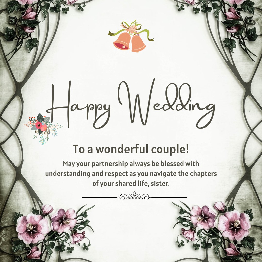 Vintage style wedding card with floral decorations and wedding bells, featuring a message 'Happy Wedding to a wonderful couple!' surrounded by dark vines and pink blossoms, offering inspiring wedding wishes for a sister.