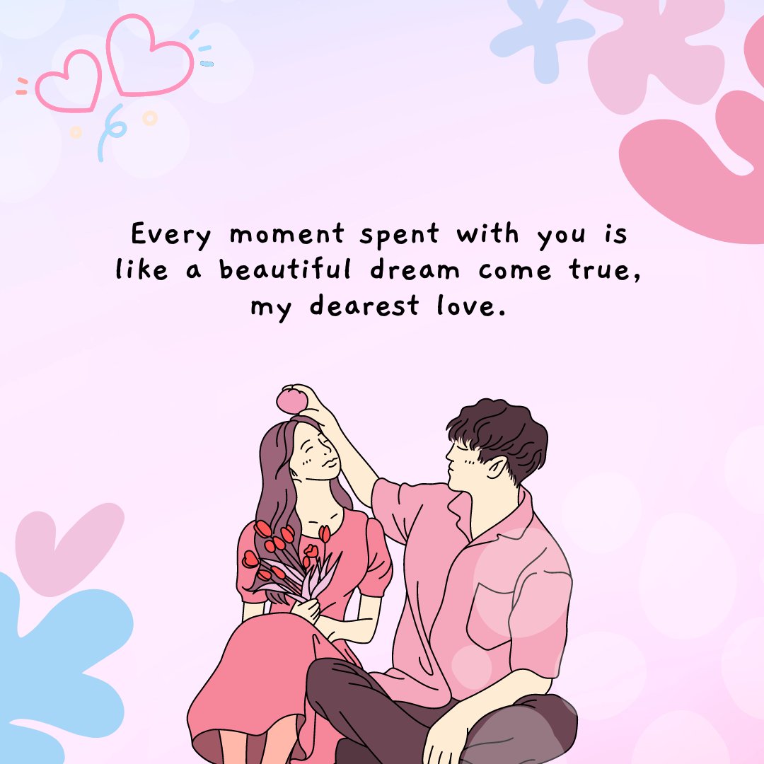 Love Message For Her with a romantic illustration of a couple on a pink background, a man placing a heart above a woman's head, both dressed in pink, with floating hearts and flowers around them.