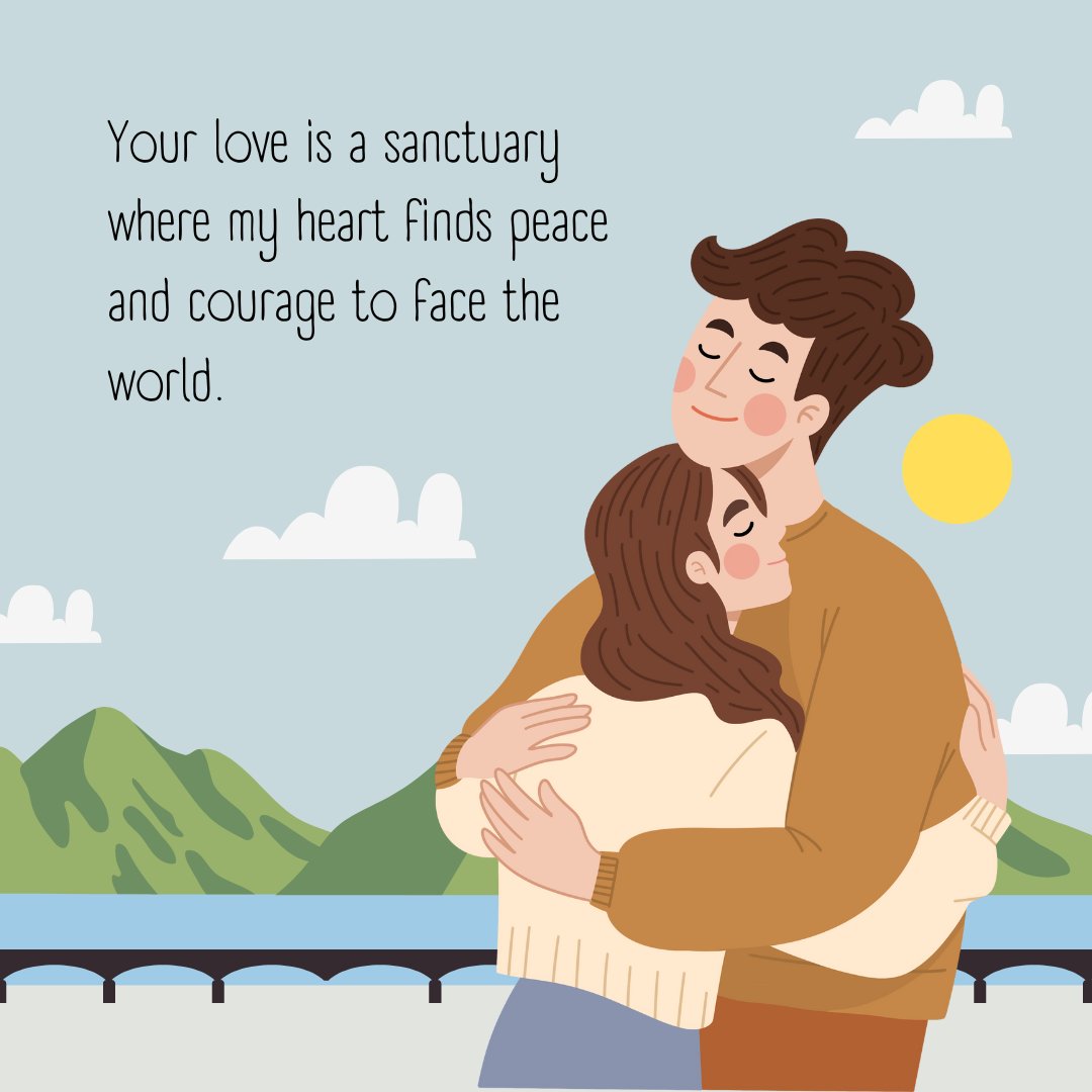 Love Message For Him illustrated by a tender embrace between a couple outdoors with mountains in the background, symbolizing a sanctuary of love and peace.