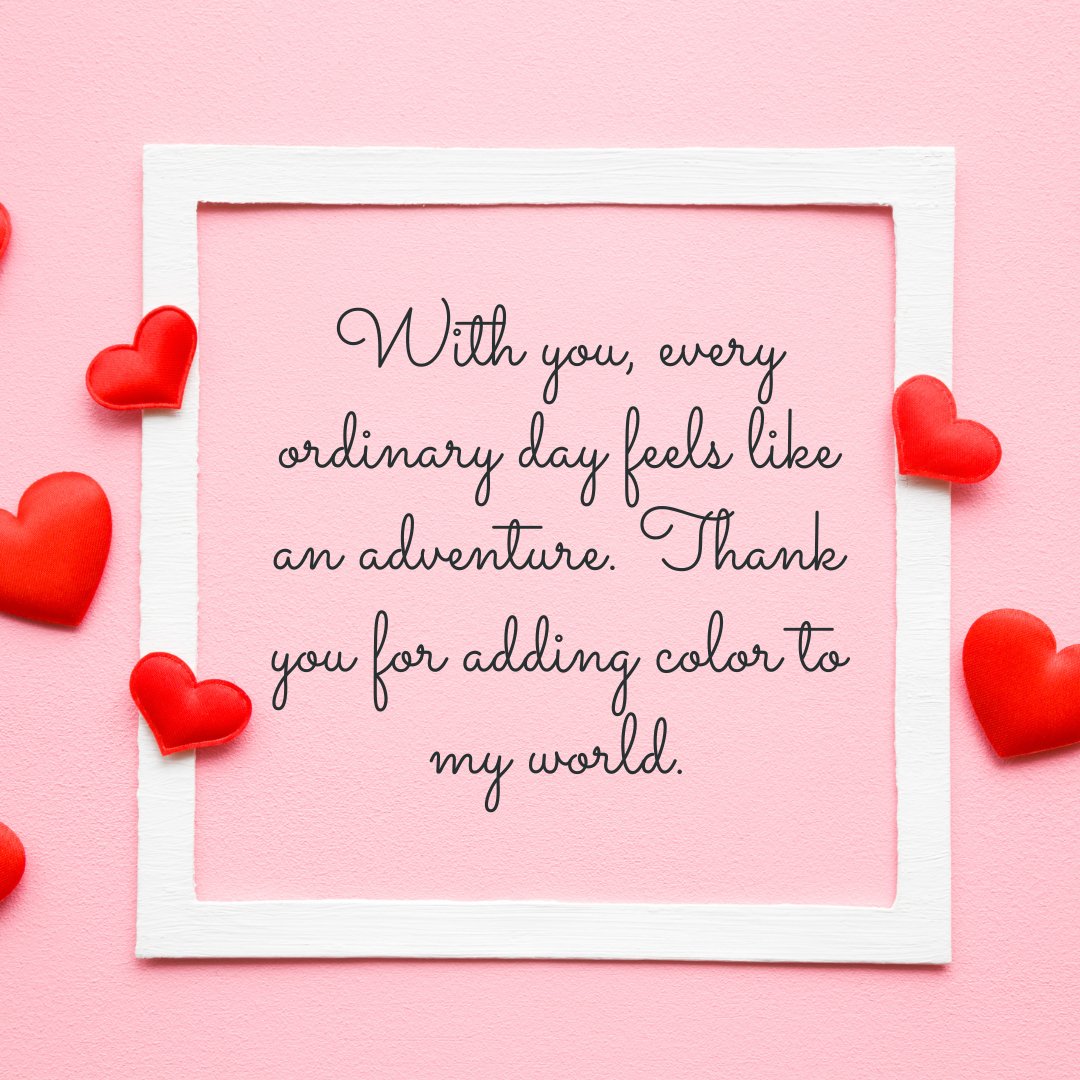 Love Message handwritten note on a pink background with red heart decorations and a white frame, expressing gratitude and romance.