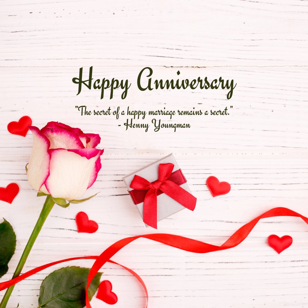 Marriage Anniversary Love Quotes with a beautiful bicolor rose and a gift box adorned with a red ribbon on a white wooden background, accompanied by a quote from Henny Youngman.