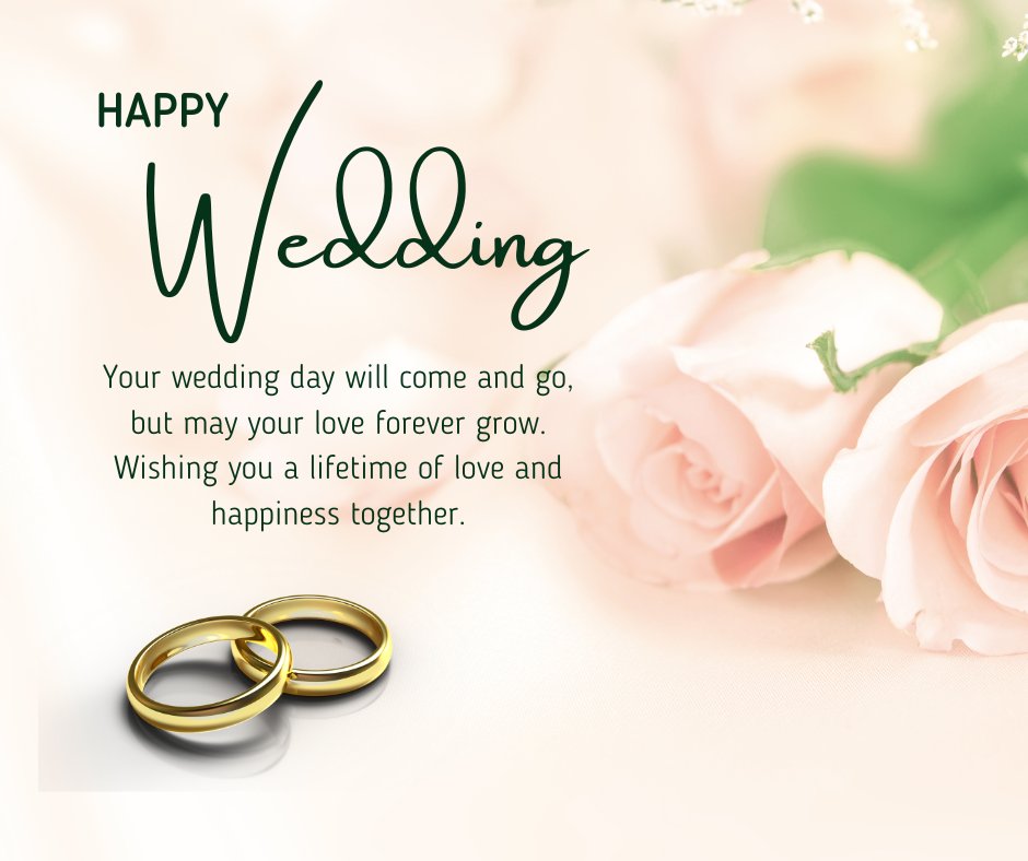 Elegant wedding greeting card featuring soft pink roses and gold wedding rings, with a heartfelt message that reads: 'Happy Wedding. Your wedding day will come and go, but may your love forever grow. Wishing you a lifetime of love and happiness together.' Perfect for sending messages to a best friend who is getting married.