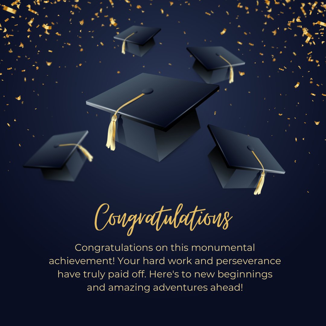 Congratulations card for graduation day featuring multiple floating black graduation caps with gold tassels against a dark blue background with golden confetti, with a celebratory message highlighting hard work and new beginnings, ideal for messages for best friend on her graduation day.