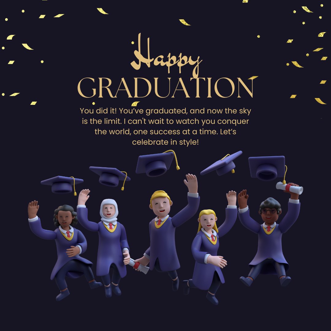 Happy Graduation greeting card featuring a diverse group of 3D animated characters in graduation robes and caps, joyously celebrating, set against a dark background with golden confetti. The card includes an encouraging message perfect for sending messages to a best friend on his graduation day.