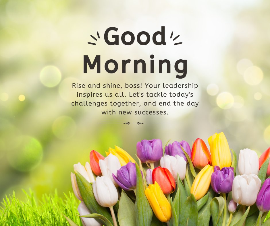 Positive good morning greetings for your boss with vibrant tulips and an inspirational message on leadership and teamwork.