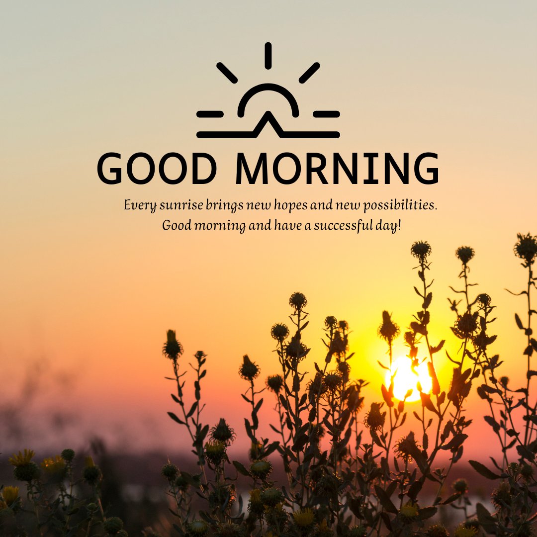 Good Morning message over a beautiful sunrise background with silhouettes of wildflowers, emphasizing every sunrise brings new hopes and new possibilities to inspire success.