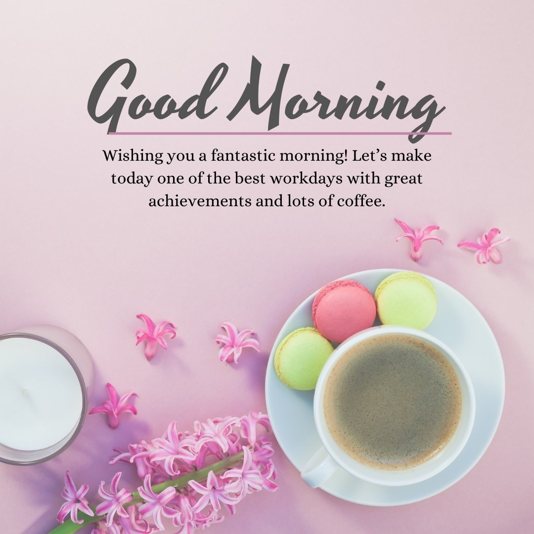 Heart touching positive good morning message for a coworker featuring a cup of coffee, colorful macarons, and fresh pink flowers on a pastel background, perfect for inspiring a productive and joyful day at work.