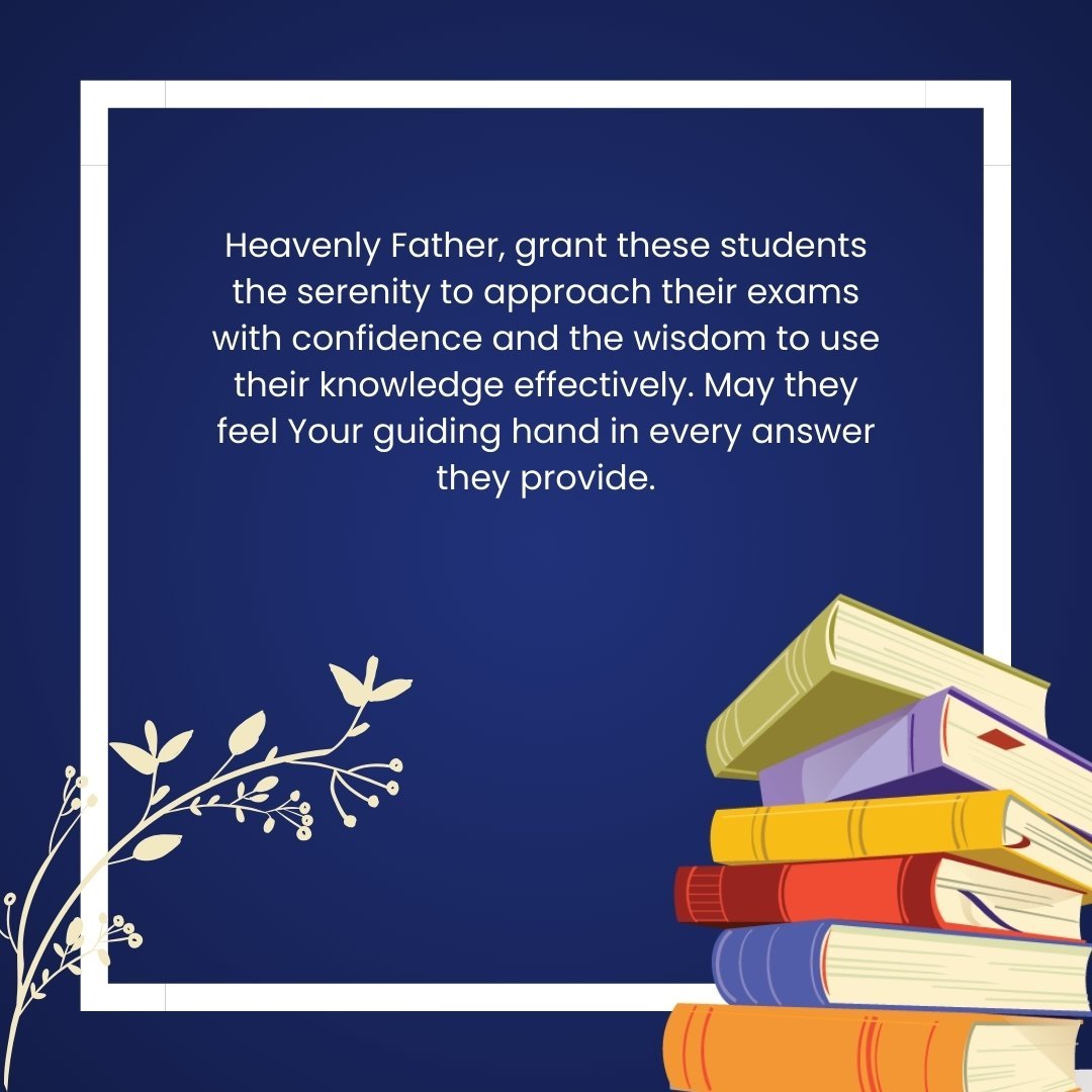 Prayers for exam success for students, featuring a message asking for serenity, confidence, and wisdom. The image shows a stack of colorful books against a deep blue background, symbolizing knowledge and divine guidance during exams.