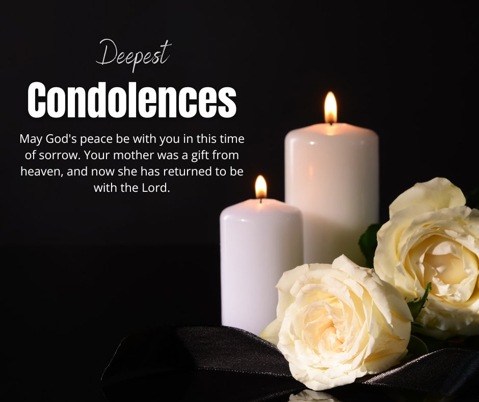 Deepest Condolences card with a message about God's peace, featuring lit candles and white roses, ideal for religious condolence messages for a mother's death.