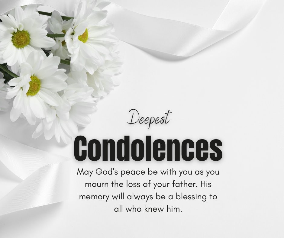 Elegant condolence card featuring 'Deepest Condolences' text with white daisies and a silky ribbon on a clean white background. This image perfectly captures the spirit of religious condolence messages for the death of a relative's father, expressing sympathy and invoking God's peace for the bereaved.