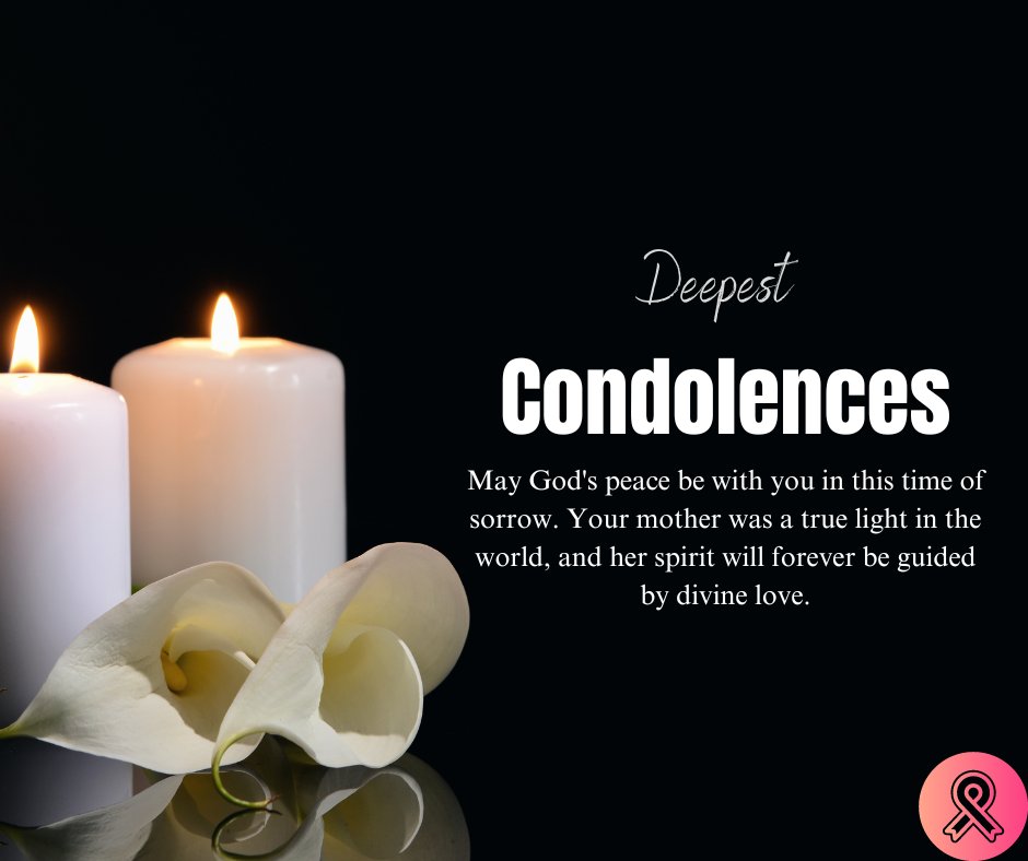 Deepest Condolences card featuring two burning candles and a white calla lily, with a message invoking God's peace, suitable for religious condolence messages for a relative's mother against a dark background